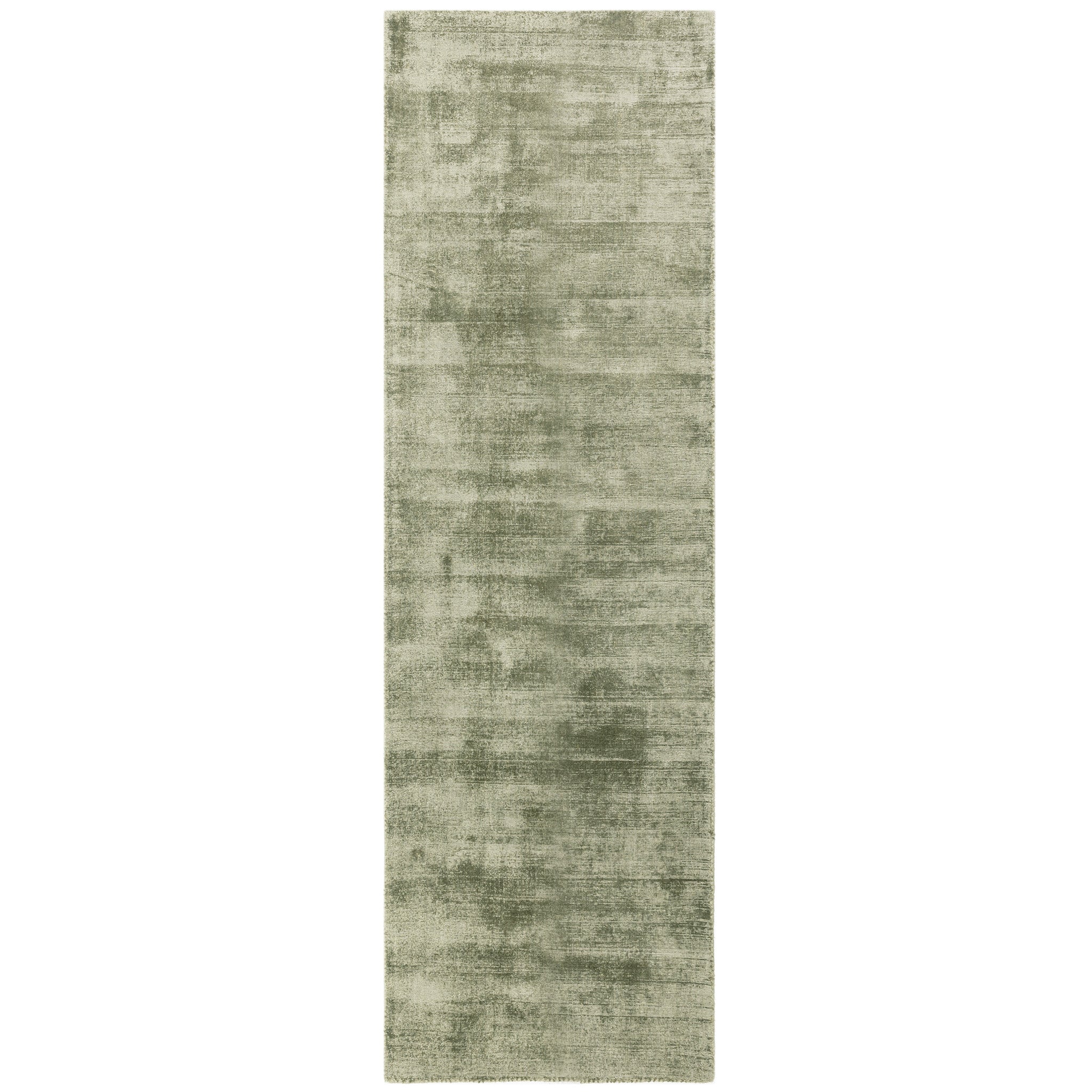 Luxury handwoven viscose rug, in sage colour, with a tip sheared finish giving a vintage effect. Size - Runner Pile Height: 7mm Dimensions: 660 x 2400 mm 100% Viscose Hand Woven in India Delivery: 5-7 days